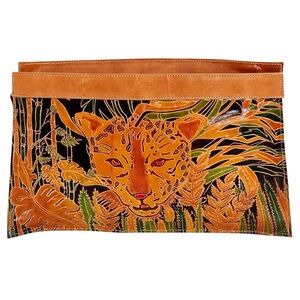 Valerie Vintage Tooled Leather Clutch Tiger Cat Purse Bag Safari Jungle